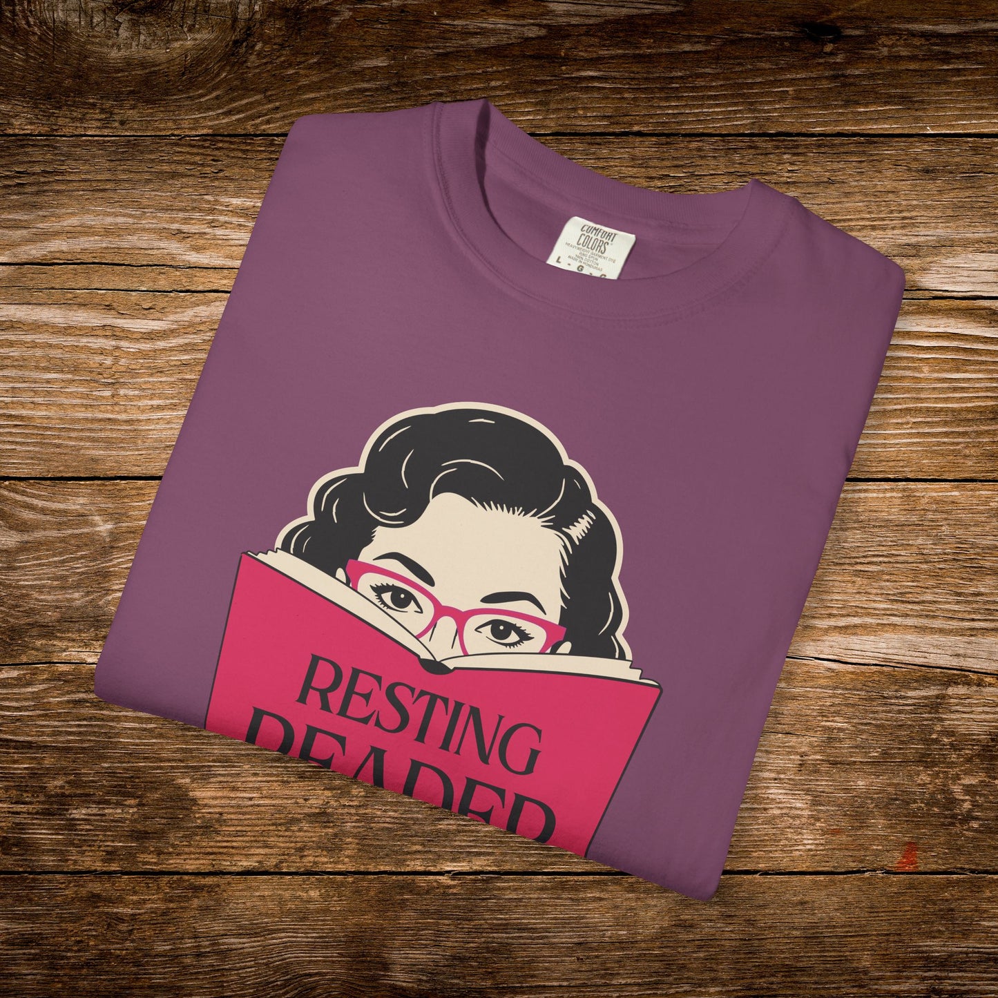 Folded berry Resting Reader Face graphic t-shirt.