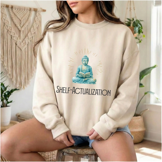 Shelf Actualization Reading Buddha Sweatshirt | Zen Bookish Crewneck | Spiritual Reader Gift | Bibliophile Pullover