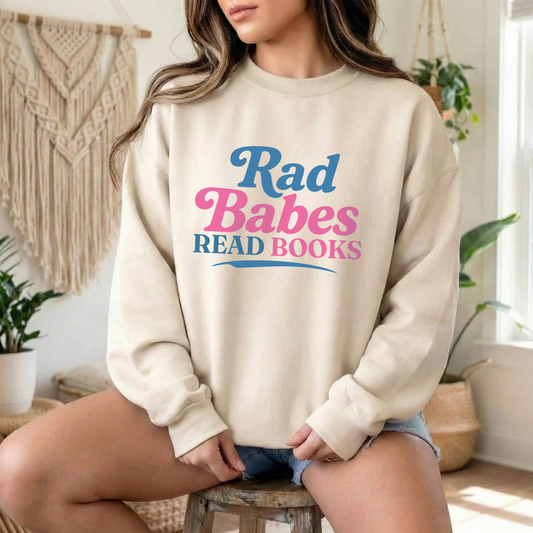 2. Lifestyle Mockup
Woman wearing the Rad Babes Read Books retro reader sweatshirt.