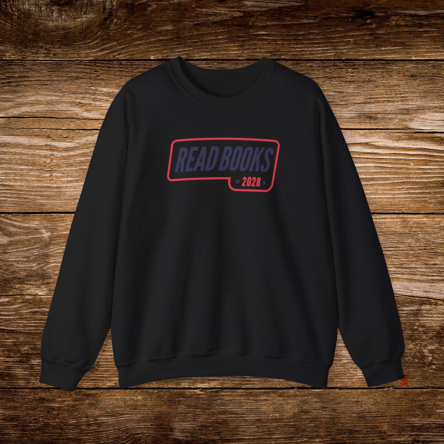 6. Black Sweatshirt
    Read Books 2028 graphic sweatshirt shown on a black crewneck.