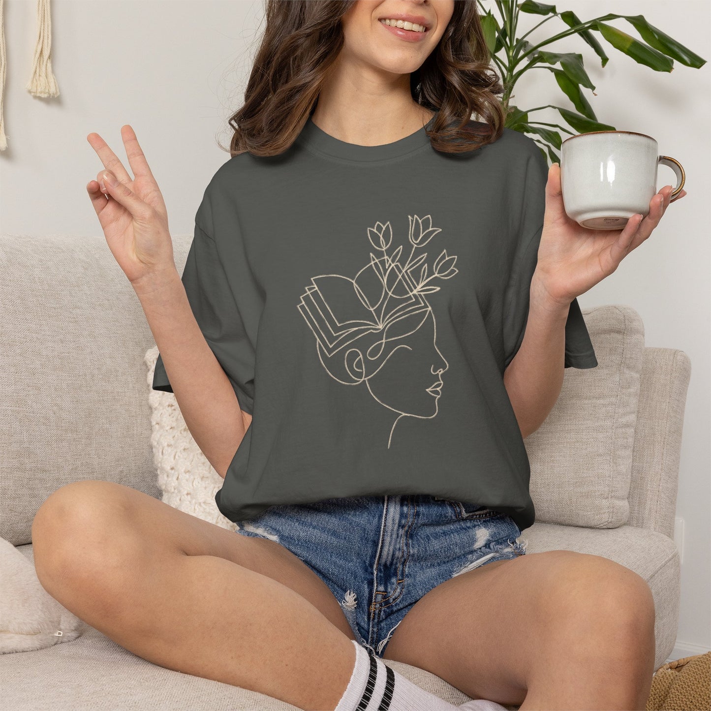 Minimalist Line Art Book Shirt | Botanical Reader Tee