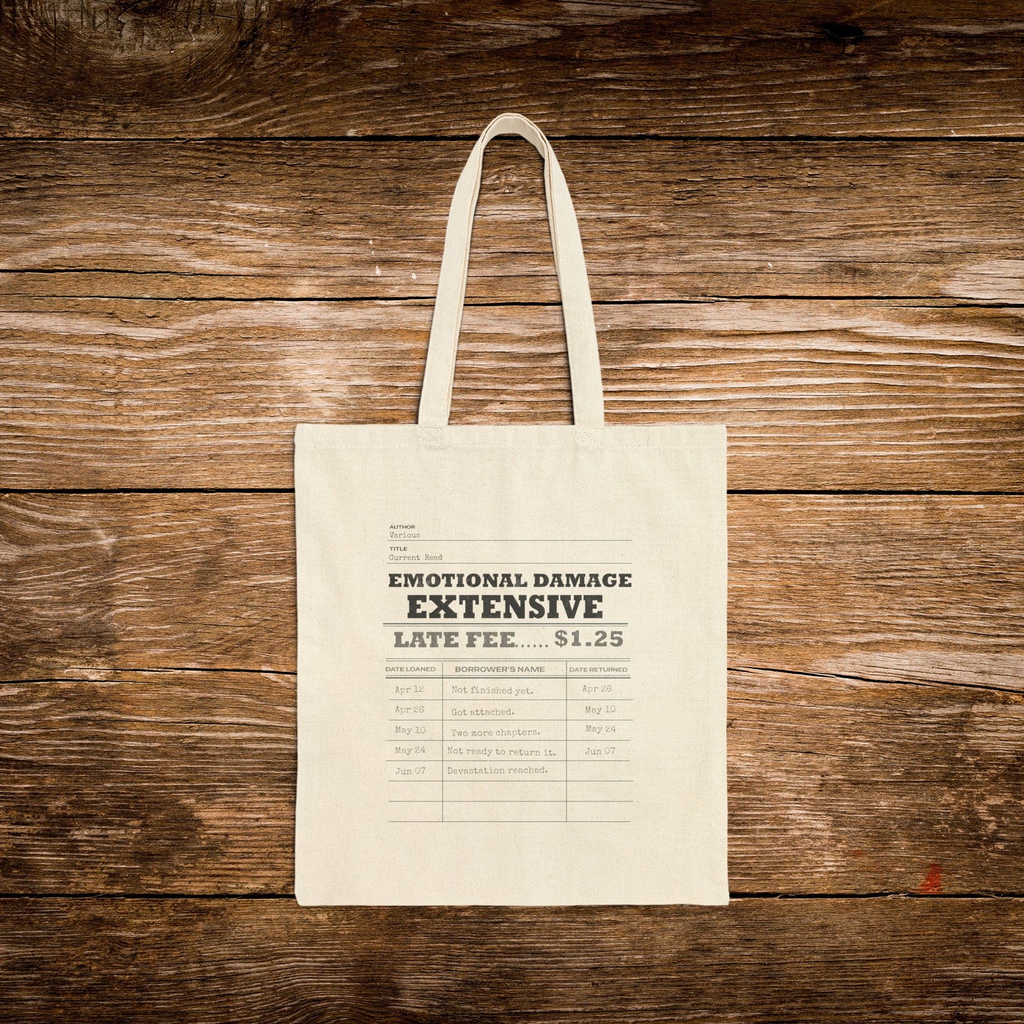 Emotional Damage Extensive Tote Bag | Vintage Library Card Canvas Tote