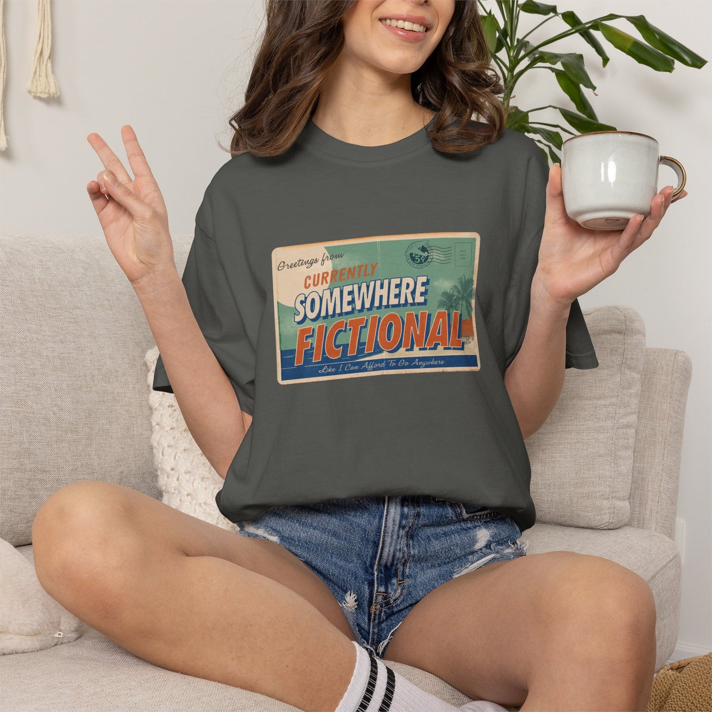 Greetings From Somewhere Fictional Shirt | Retro Vacation Postcard Tee | Reader Escape Graphic Tee