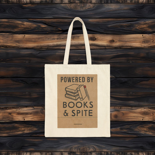 Powered By Books & Spite Bookish Design Tote Bag | Heavy Duty Canvas Book Haul Bag | Aesthetic Library Tote