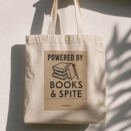 Powered By Books & Spite Bookish Design Tote Bag | Heavy Duty Canvas Book Haul Bag | Aesthetic Library Tote