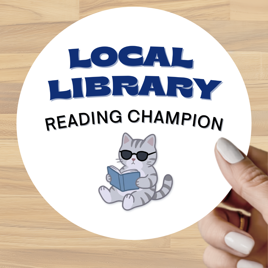 Local Library Reading Champion Sticker | Cute Cat Bookworm Decal | Waterproof Kindle Laptop Sticker