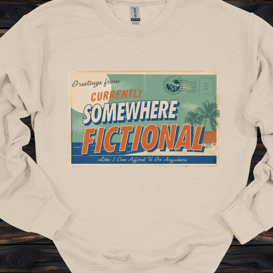Greetings From Somewhere Fictional Sweatshirt | Retro Postcard Crewneck | Bookish Escape Sweatshirt