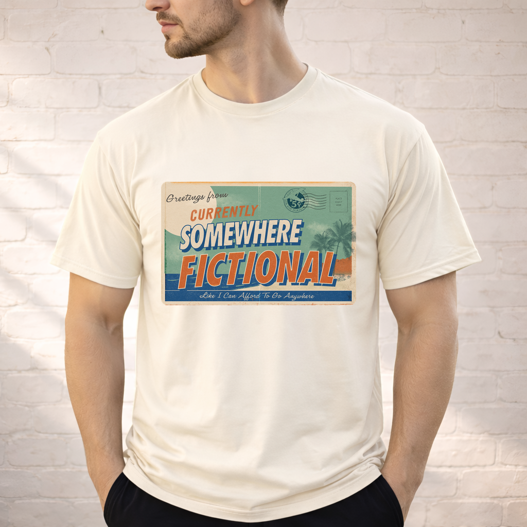 Greetings From Somewhere Fictional Shirt | Retro Vacation Postcard Tee | Reader Escape Graphic Tee