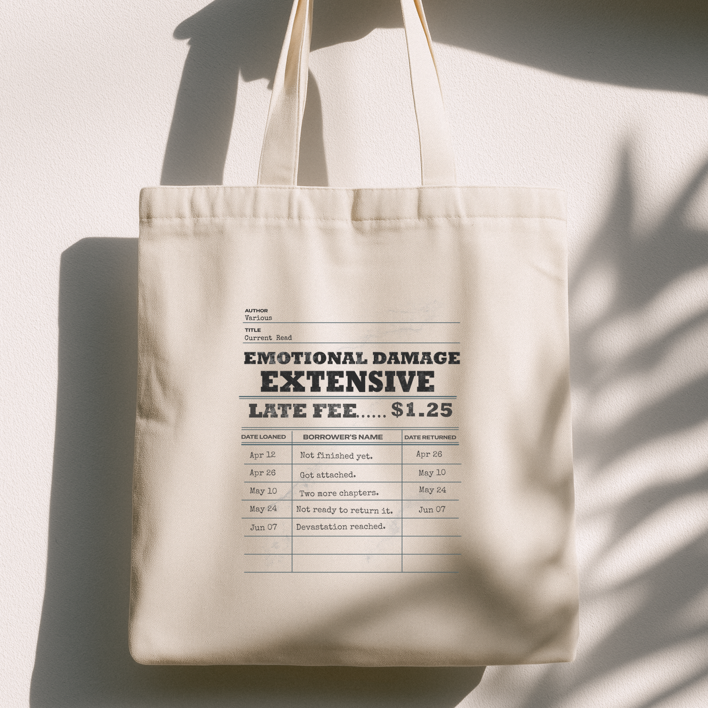 Emotional Damage Extensive Tote Bag | Vintage Library Card Canvas Tote