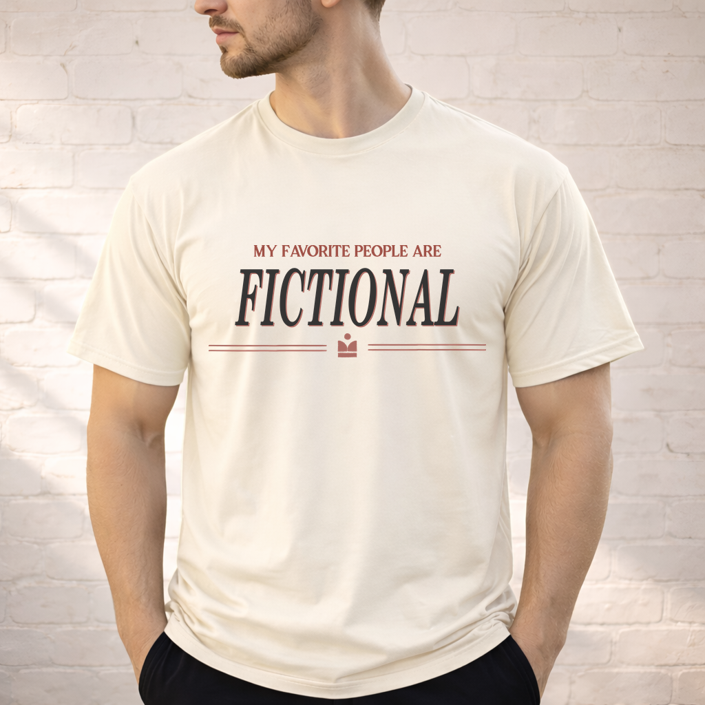 Person wearing a white t-shirt with text 'My favorite people are fictional' against a light brick wall.