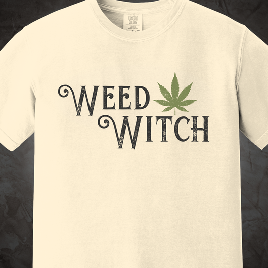 Off-white Weed Witch graphic T-shirt with distressed black lettering and a green cannabis leaf.
