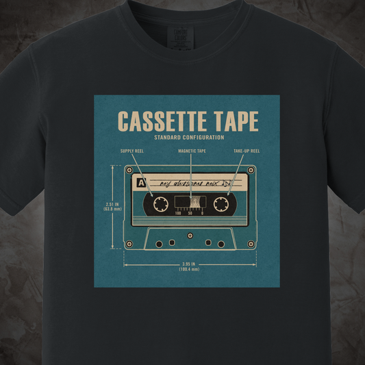 Cassette Tape Blueprint graphic T-shirt mockup