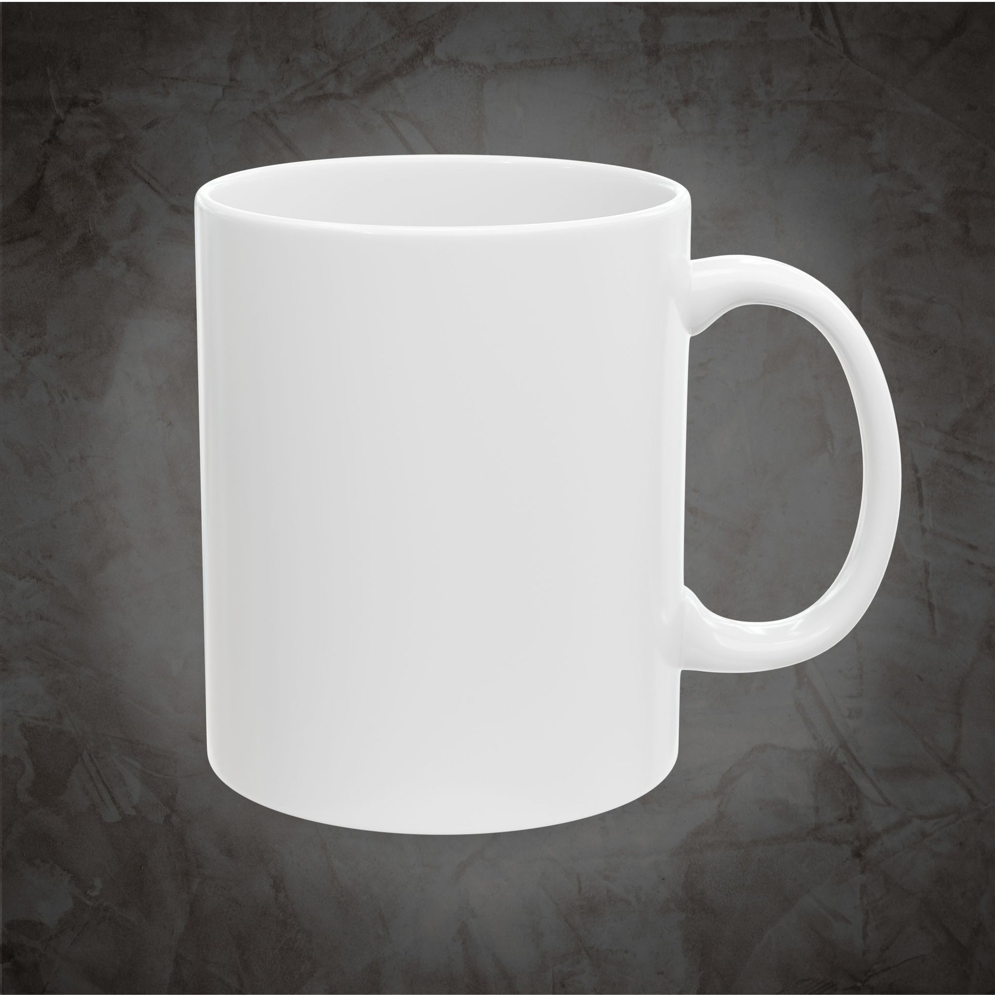 White ceramic Pretty Sure I'd Survive a Horror Movie mug showing the back and handle against a dark textured gray background.