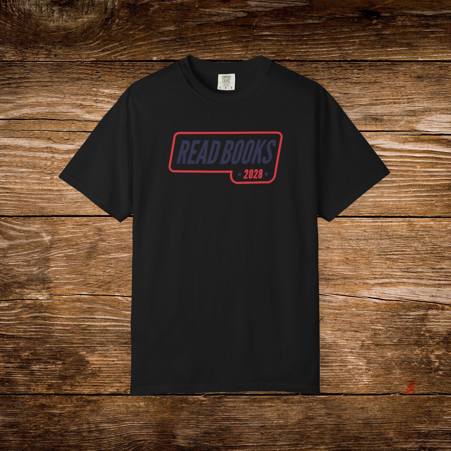 7. Black Shirt
    Read Books 2028 graphic t-shirt shown on a black Comfort Colors tee.