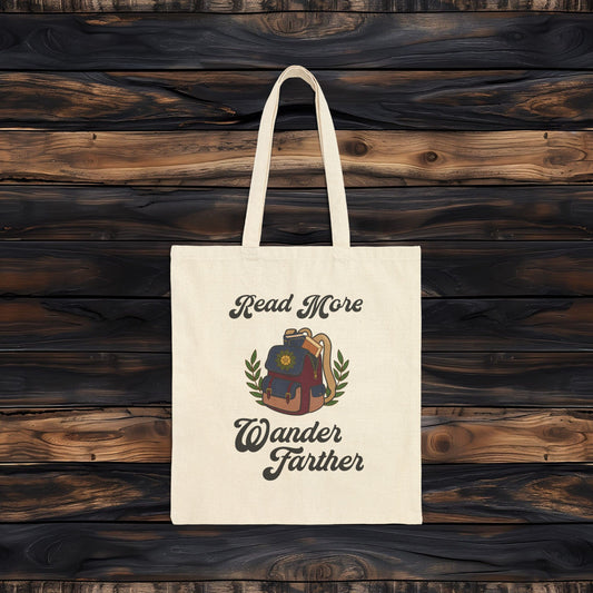 Read More Wander Further Tote Bag | Heavy Duty Canvas Book Haul Bag | Aesthetic Wanderlust Library Bag