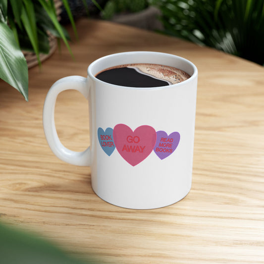 Bookish Candy Hearts Mug | Funny "Go Away" Read More Books Coffee Cup | Introvert Reader Gift | 11oz Ceramic Mug