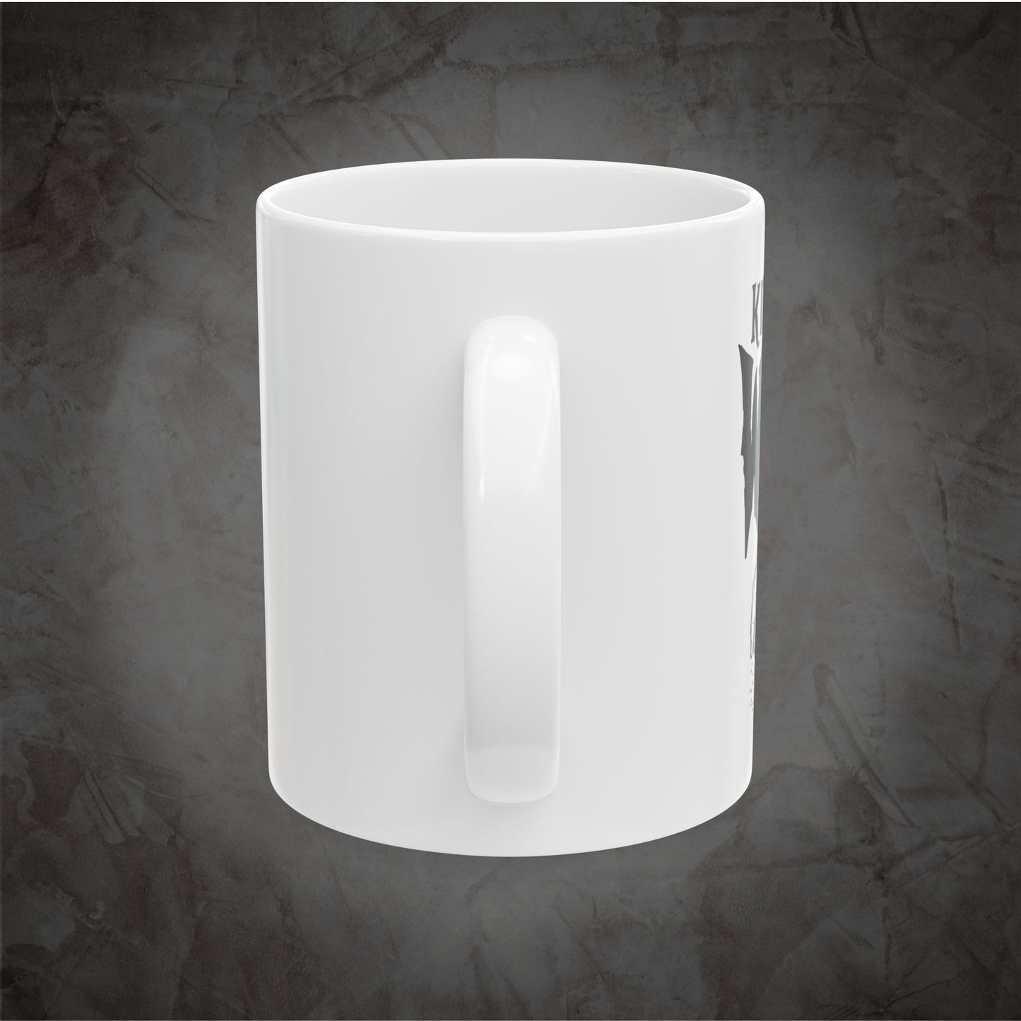 A plain white ceramic mug with a glossy finish and a vertical handle, shown from the side against a textured dark gray background.