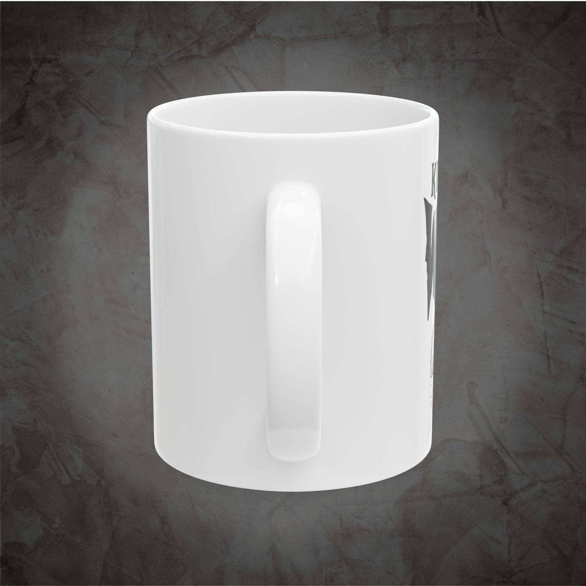 A plain white ceramic mug with a glossy finish and a vertical handle, shown from the side against a textured dark gray background.