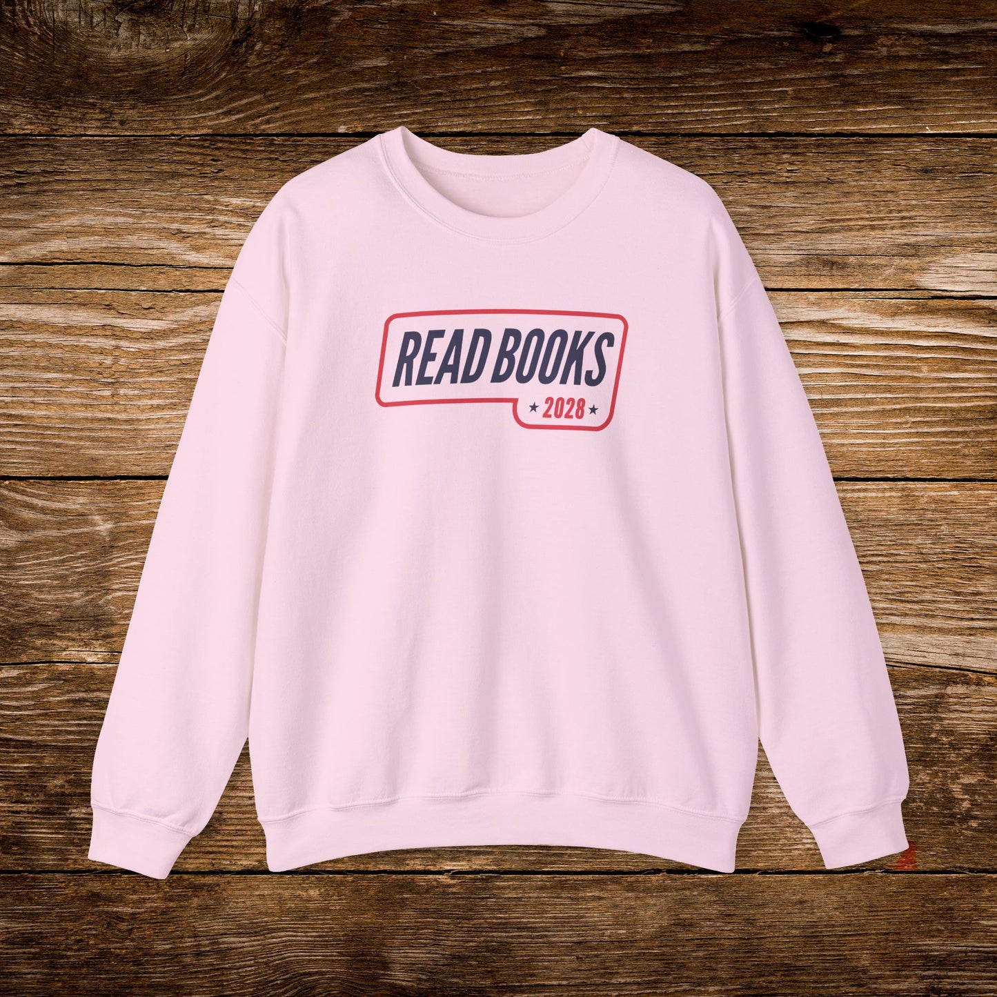 12. Light Pink Sweatshirt
    Read Books 2028 graphic sweatshirt shown on a light pink crewneck.