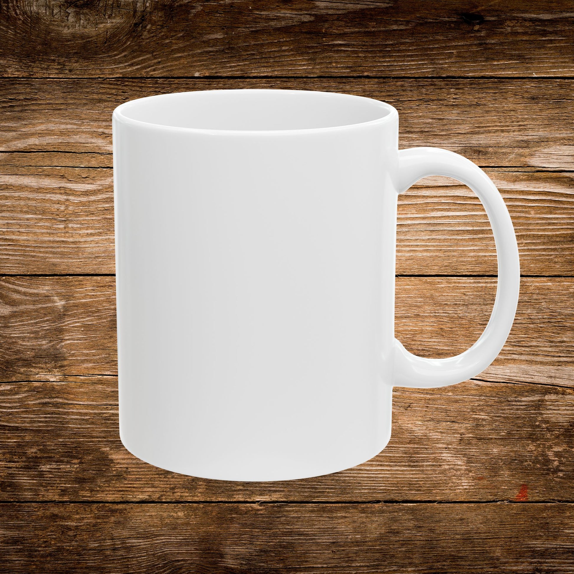 White mug on a wooden surface
