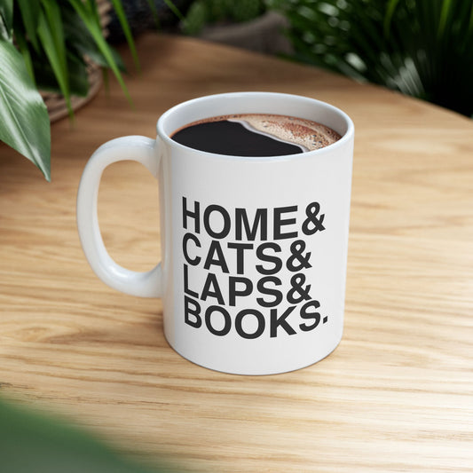 Home & Cats & Laps & Books Mug | Minimalist Bookish Coffee Cup | Gift for Cat Loving Readers | 11oz Ceramic Mug