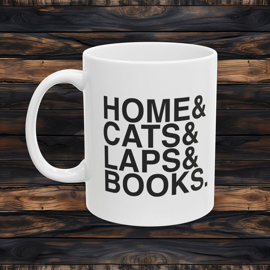 Home & Cats & Laps & Books Mug | Minimalist Bookish Coffee Cup | Gift for Cat Loving Readers | 11oz Ceramic Mug