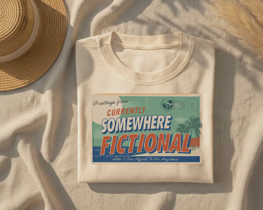 Greetings From Somewhere Fictional Shirt | Retro Vacation Postcard Tee | Reader Escape Graphic Tee